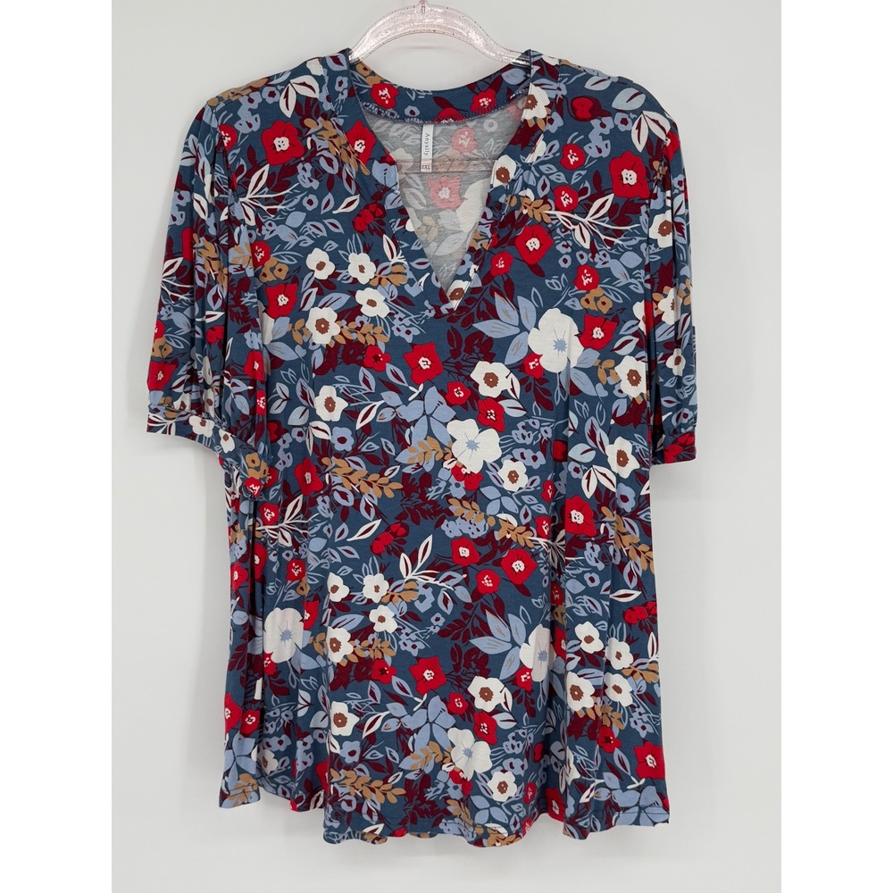 Anyally Women's Blue Red Floral V Neck Short Sleeve Tunic Top‎ Blouse Sz 2XL